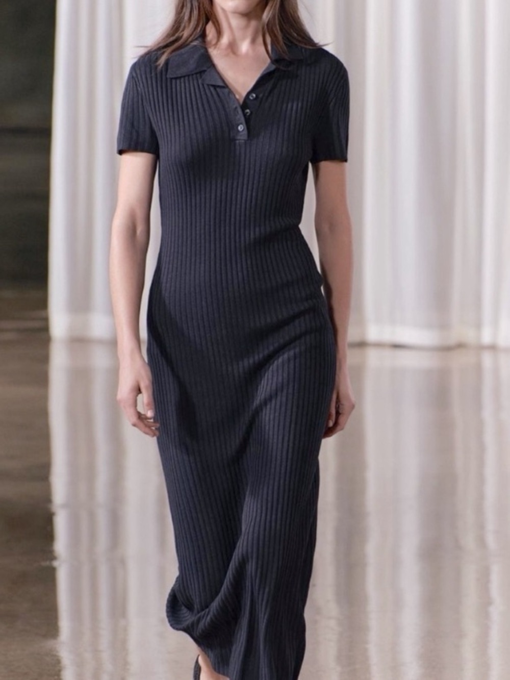 Zara Black Ribbed Bodycon Interlock Polo Midi Dress Size Large